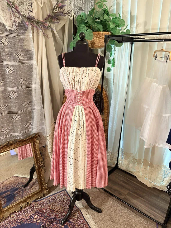 Vestido de picnic Rosenfeld años 50 para mujer rojo blanco enagua ojales mediano de colección   Foto 1 de 4