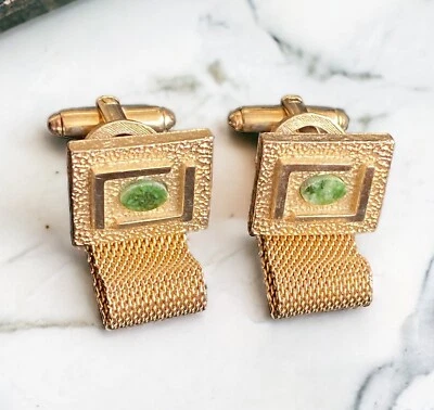 Vtg Dante Jade Cufflinks Green Stone Wraparound Gold Tone Mesh MCM Square Men - image 1 of 4
