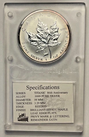 1998 $5 CANADA 1 Oz .9999 PURE SILVER MAPLE LEAF TITANIC PRIVY MARK Cover
