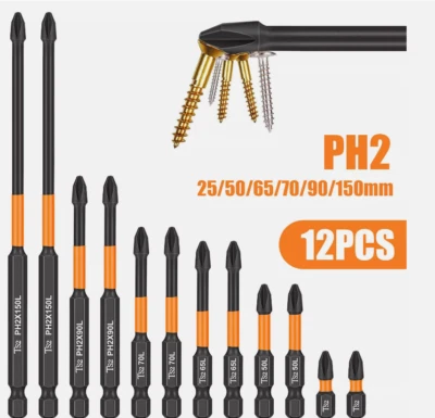 12x Magnetic Anti-Slip PH2 Impact Driver Phillips Screwdriver Drill Bit Tool Set