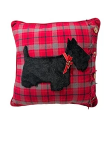 SCOTTIE DOG Decorative Throw Pillow 3D Furry Applique Red Plaid Buttons 18x18 - Picture 1 of 7