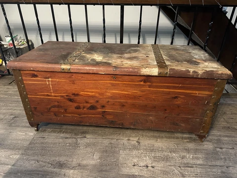Antique ACME Chest Company Red Cedar Chest With Copper Hardware On Wheels Cover