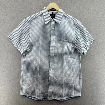 Indigo Palms Shirt Mens Medium Tailored Fit 100% Linen Blue Check Embroidered - Image 1 of 4