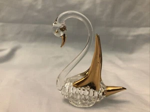 Vintage Collectible Miniature Art Glass Swan Clear Gold Figurine 3" Tall - Picture 1 of 9