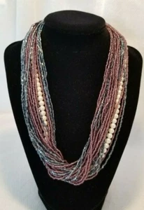 Vintage Faux Pearl & Multi Stranded Warm Blue & Purple Bead Collar Necklace 18" - Picture 1 of 6