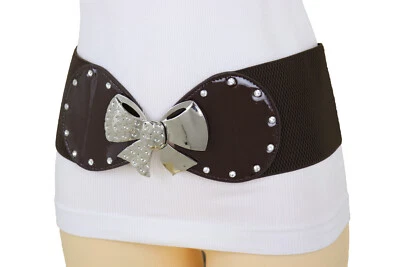 Mujeres Marrón Oscuro Ancho Old School Divertido Cinturón Plateado Metal Pajarita Cinta Hebilla S M Foto 1 de 4