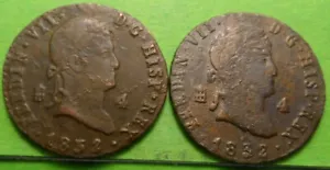 2 Coins, FERNANDO VII, 4 Maravedis, 1832,SEGOVIA, Áureo & Calico.-187, SPAIN - Picture 1 of 2