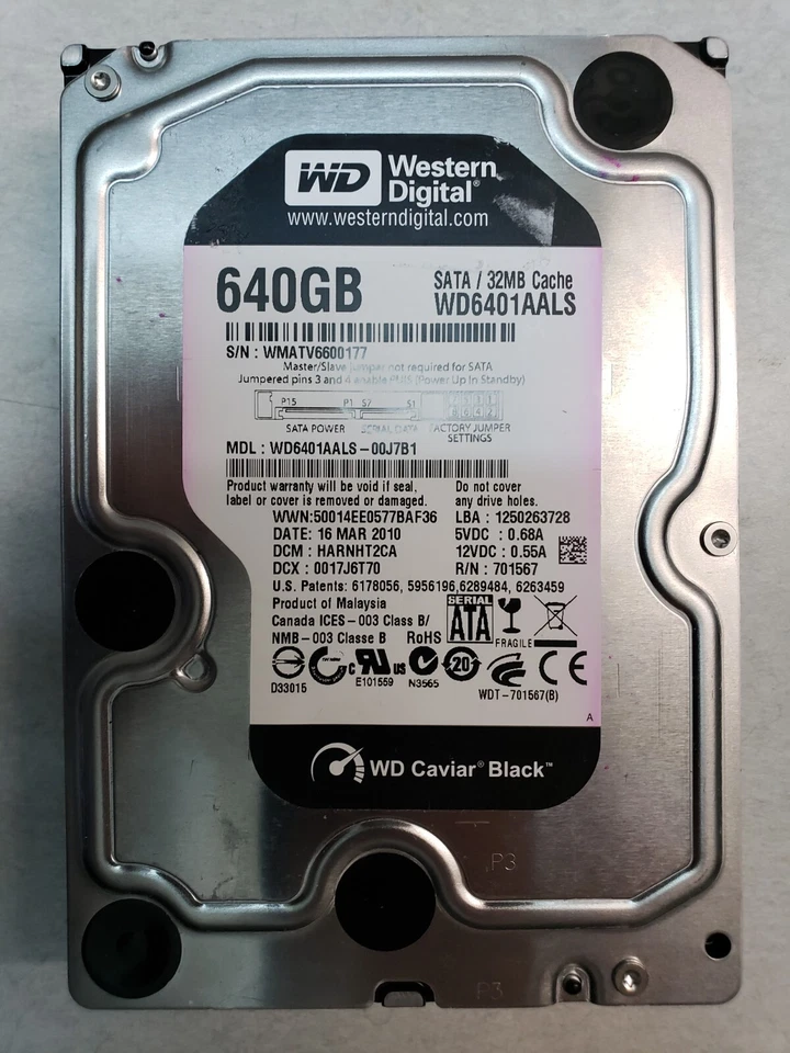 Western Digital 640Gb, WD6401AALS-00J7B1, dcm:HARNHT2CA, date:16 MAR 2010 - Image 1 of 1