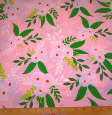 Tela Edredón Por Yarda Rosa Blanco Floral Verde Hojas en Lt Rosa Algodón Premium #C Foto 1 de 3