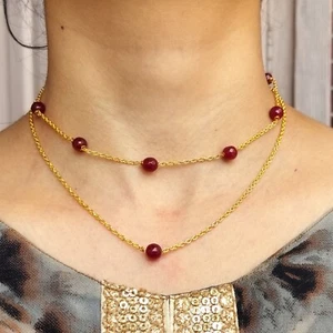 AA Duble Strand Red Ruby Beads Chain Necklace Wedding Jewelry For Wife Gift - Picture 1 of 7