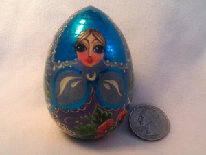 Russian Hand Painted+Foil Wooden Egg-Big Eyed Girl+Aqua Babushka-Solid Wood-3" - Bild 1 von 9