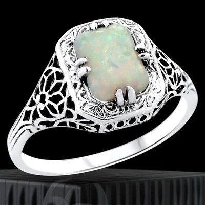 DAINTY VICTORIAN STYLE 925 STERLING SILVER FILIGREE LAB-CREATED OPAL RING    697 - Image 1 of 4