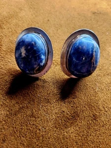 Sterling Silver And Sodalite Taxco Vintage Clip-on Earrings - Picture 1 of 7