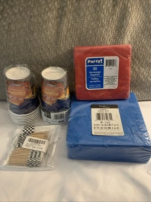 Car’s Birthday 2 Pack Cups 8 Count Ea, Blue/Red Napkins, Race Decorations 100 Ct - Image 1 of 4