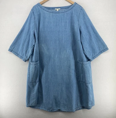 EILEEN FISHER Dress 3X Plus Organic Cotton Denim Shift 3/4 Sleeve Blue - Image 1 of 4