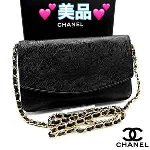 CHANEL Caviar Skin Bifold Wallet Blue Chain Shoulder Bag Coco Mark Leather Japan - Picture 1 of 13