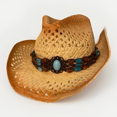 Соломенная ковбойская шляпа вестерн с бисером бирюза и янтарь кончо лента богемное - Изображение 1 из 4
