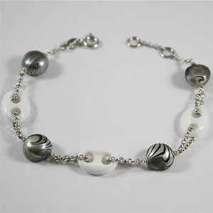 Silber Armband 925 Rhodium mit Perlen Handbemalte Und Achat Jersey Marinara - Bild 1 von 1