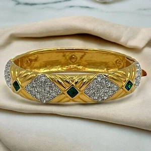 NOLAN MILLER 90’s Gold Tone 💚 Emerald Green Rhinestone Bangle Bracelet - Picture 1 of 5