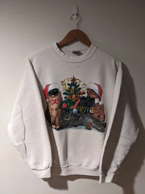 Sudadera grande blanca cámara Nikon persa gato gatito Navidad años 90 vintage Foto 1 de 4