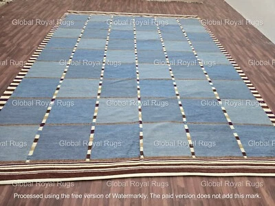 Alfombra de lana azul hecha a mano | Borde en zigzag | Alfombra minimalista moderna Foto 1 de 4