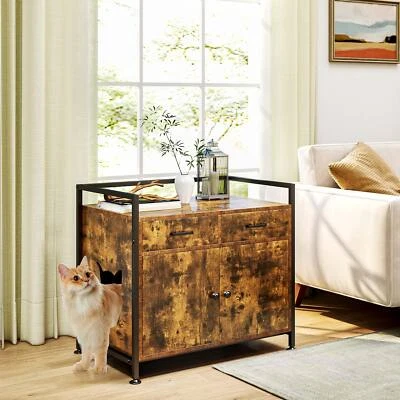 TC-HOMENY Wood Cat Litter Box Enclosure Cabinet Pet House Washroom Furniture