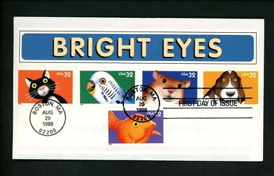 Ranto Cachet US FDC #3230-34 on Bright Eyes Label Cachet pets cat dog fish 1998 - Image 1 of 2