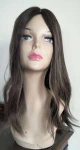 100% HUMAN HAIR TOPPER MEDIUM BROWN HIGHLIGHTS SILKTOP 7"X7" FREE PARTING 19" - Picture 1 of 19