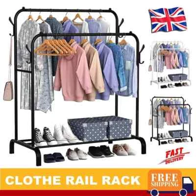 Heavy Duty Double Clothes Rail Hanging Rack Garment Display Stand Shoes Storage - Image 1 of 4