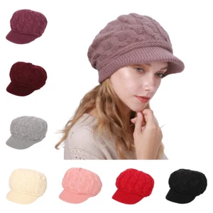 Womans Cable Knitted Winter Warm Beanie Hat Women Peaked Beret Visor Cap Casual - Picture 1 of 24