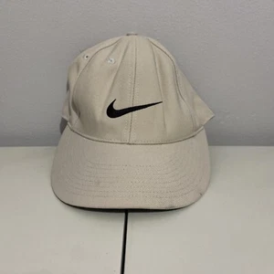 VINTAGE 90s Nike Black Swoosh Cream White Hat Cap Golf Casual Mens Size 7 - Picture 1 of 8