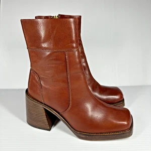 Asos Tan Brown Leather Ankle Bootie Zip Chunky Heels Y2K Style Boots Mid Block - Picture 1 of 11