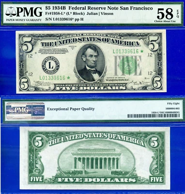 1934B $5 FRN PMG 58EPQ - Top Pop 2/0 - Finest San Francisco Star Fr 1958-L* - Image 1 of 4