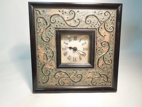 Framed Quartz Desk /Shelf Clock 7" Square Copper Metallic Look Roman Numbers Cover
