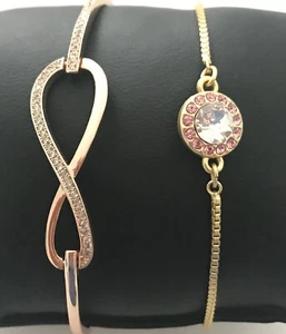 2 NEW Bracelets-18k Rose Gold 925 Pave Infinity/Round Halo Crystal Solitaire Adj - Picture 1 of 16