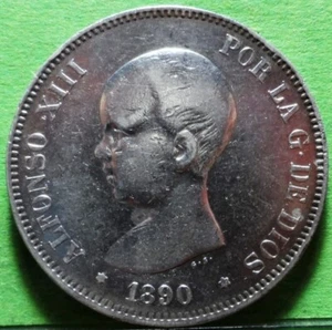 ALFONSO XIII, 5 Pesetas, 1890, *18-90 PG-M, Plata, ESPAÑA. - Imagen 1 de 2