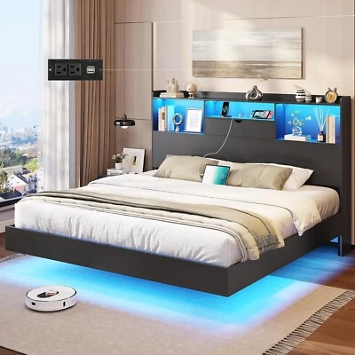 King Size Floating Bed Frame with LED Lights Charging Station Metal Platform Bed - Image 1 of 4