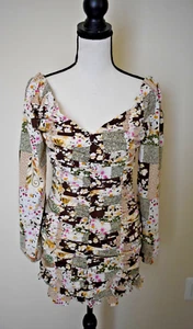 Akaiv Rouched Puff Sleeve Mini Dress Size Medium Patchwork Floral Smocked Back - Picture 1 of 7