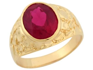 10k or 14k Yellow Gold Oval Simulated Red Garnet Nugget Stylish Mens Ring - Picture 1 of 4