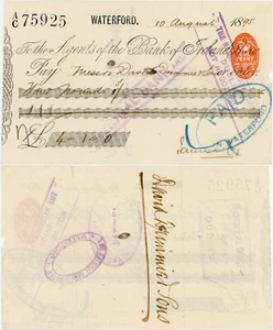 CHEQUE IRLANDA 1895 WATERFORD DAVID DRIMMIE - Imagen 1 de 3