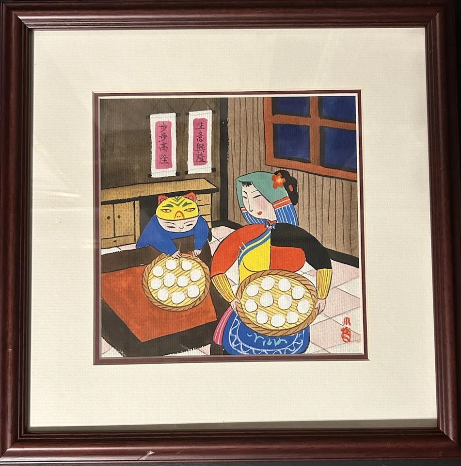 Arte gouache Wu Chi Yong en papel enmarcado madre/niña con marca de corte para niños Foto 1 de 4