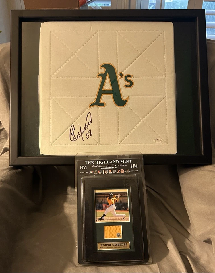 Camiseta deportiva Muestra Yoenis Céspedes Oakland A’s firmada base y juego usada certificada por la JSA Foto 1 de 4