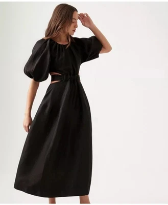 AJE Mimosa Cut Out  Black Midi  Dress Size 16 AU / 14 US Linen Blend Bow  BNWT - Image 1 of 4