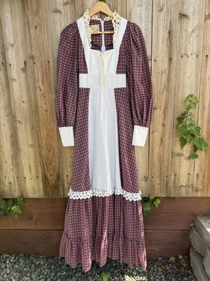 1970s Vintage Gunne Sax Maxi Prairie Dress Plaid Crochet Lace Corset 26” Waist - Image 1 of 4