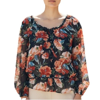 Blusa Top Abercrombie and Fitch Semi Transparente Ditsy Rojo Rosa Negro Floral Talla Med Foto 1 de 4