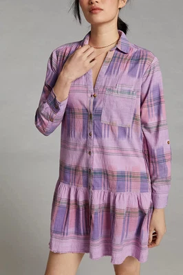 Pilcro Purple Plaid Tangier Roll Tab Sleeve Button Front Tunic Mini Dress XSP - Image 1 of 4