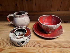 Keramik Teeset Kaffeetrinken Vesper Milchkännchen Stövchen Teelicht Unikat - Bild 1 von 16