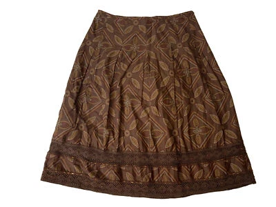 APT 9 BROWN COTTON BEAD HEM crochet lace FLOWY PRINT SKIRT BOHO Size 8 Lined - Image 1 of 4