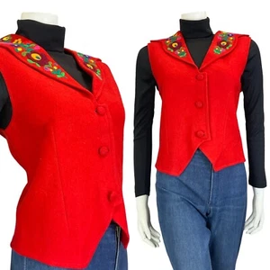 VTG 60S 70S RED GREEN EMBROIDERED FLORAL LAPEL WOOL FELT GILET WAISTCOAT SIZE 12 - Picture 1 of 9