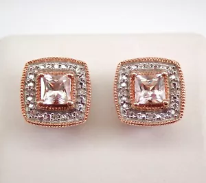 Roségold Prinzessin Schliff Morganit und Diamant Halo Ohrstecker Ohrstecker - Bild 1 von 6